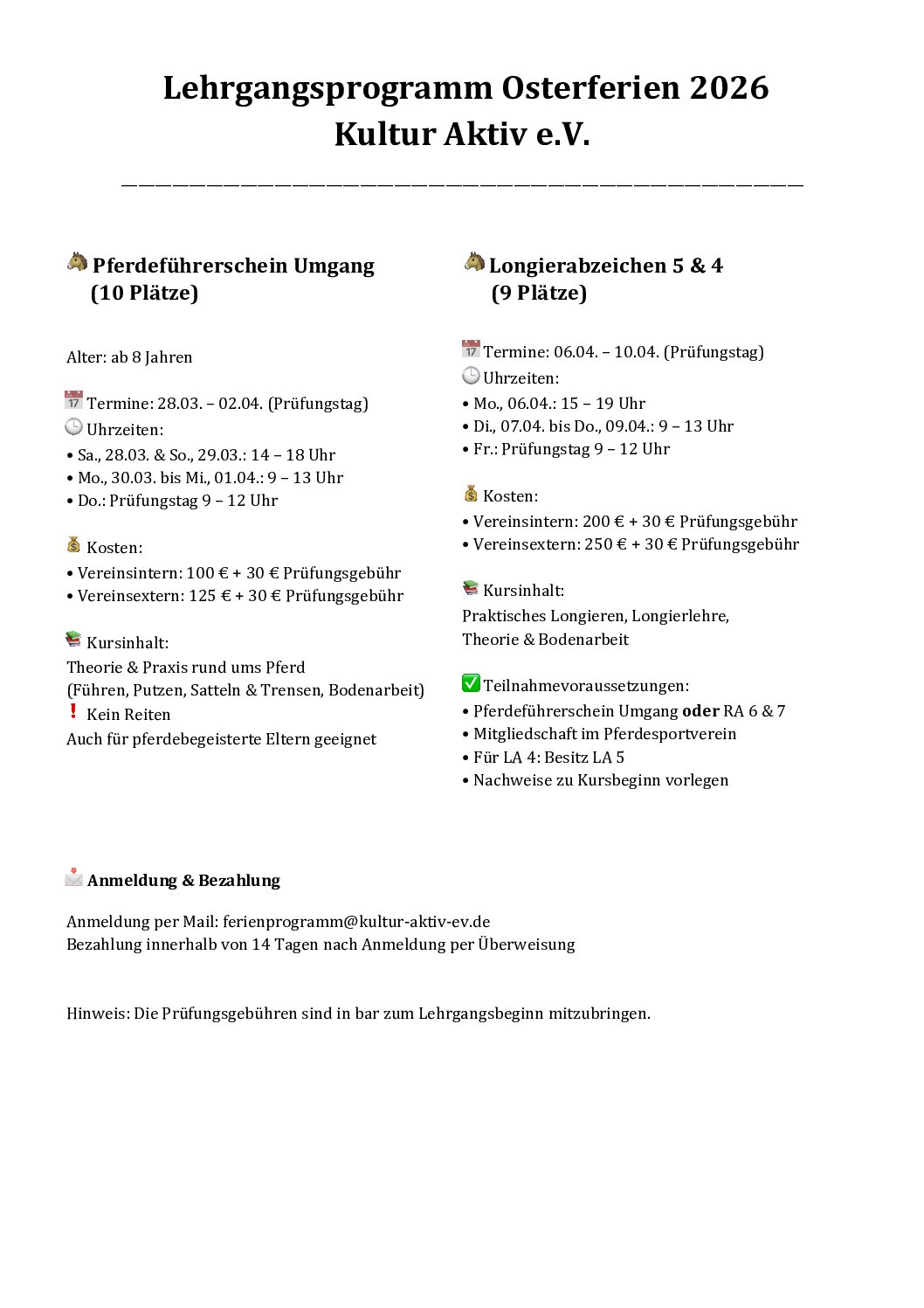 Lehrgangsprogramm Osterferien 2026