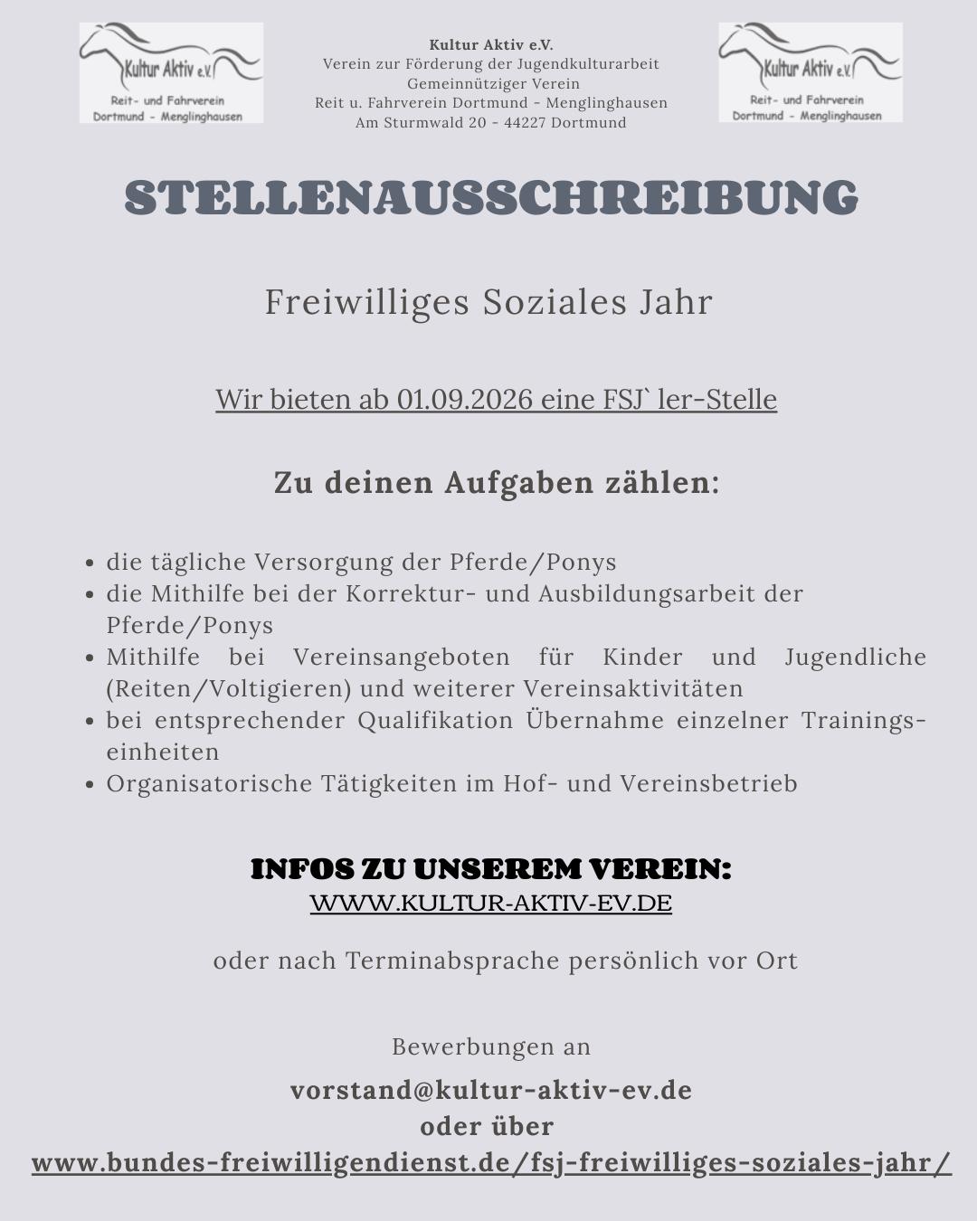 FSJ am Ponyhof – Stellenausschreibung